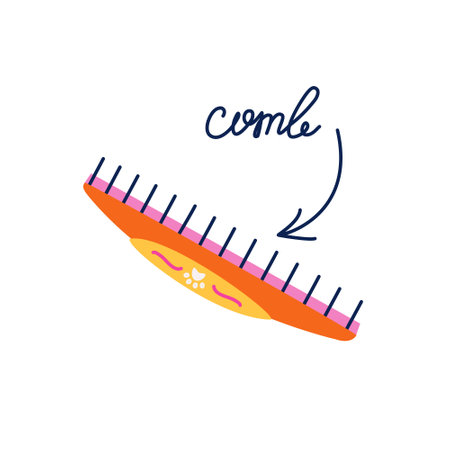 Comb vector isolated sticker. Tool for hairdressers and pet groomers in flat trendy style. Hairbrush clipart with handwritten typographyのイラスト素材