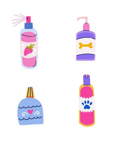 Pet care products vector set. Shampoo, conditioner, scrub and cologne spray. Cosmetics for pet groomers in flat trendy colorful style. Dog washing supplies clipart isolated on white backgroundのイラスト素材