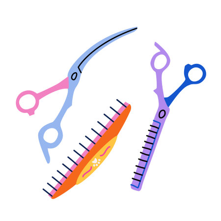 Set of hair cutting and styling tools. Blending scissors, curved shears, comb vector isolated cliparts. Equipment for professional hairdressers, barbers and pet groomers in flat trendy styleのイラスト素材