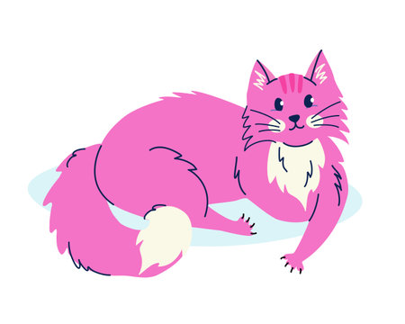 Cute lying pink cat in flat cartoon style. Vector isolated hand drawn illustration for sticker, banner, poster, postcardのイラスト素材