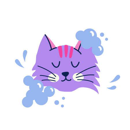 Cute cat head with soapy foam in flat cartoon style. Vector isolated hand drawn illustration for sticker, banner, poster, postcard. Pet grooming conceptのイラスト素材
