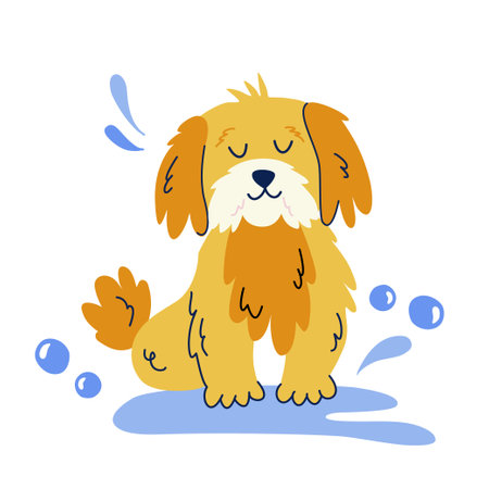 Cute bathing dog in flat cartoon style. Vector isolated hand drawn illustration for sticker, banner, poster, postcard. Dog grooming conceptのイラスト素材