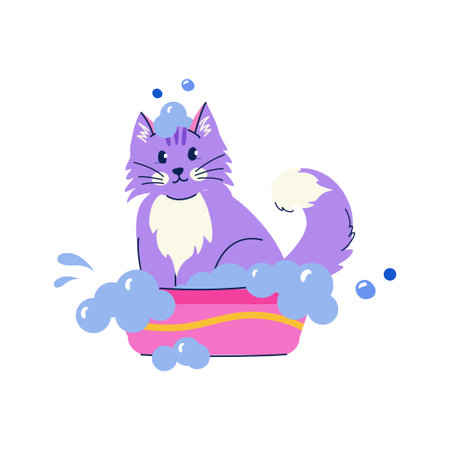Cute bathing purple cat in flat cartoon style. Vector isolated hand drawn illustration for sticker, banner, poster, postcard. Pet grooming conceptのイラスト素材