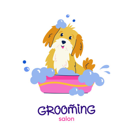 Grooming salon. Cute bathing dog in flat cartoon style. Vector design with handwritten typography for branding, banner, poster, postcard. Pet grooming conceptのイラスト素材