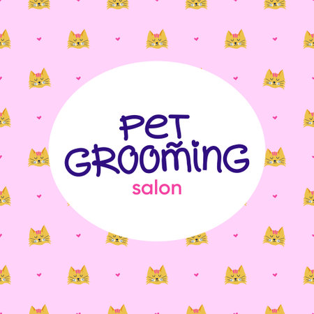 Cute cats pattern. Pet grooming concept. Vector background design with signboard and handwritten typography for branding, post, banner, poster, postcardのイラスト素材