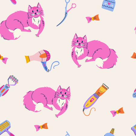 Seamless pattern with adorable cat, hair clipper, stripping rake, scissors, hair dryer. Pet grooming concept. Cute and modern vector background for social media, posts, printsのイラスト素材