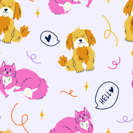 Seamless pattern with adorable cat and dog. Hello speech bubble - hand drawn lettering. Vibrant and modern vector background for stylish cover, cases, wallpaper, prints, wrapping, textileのイラスト素材