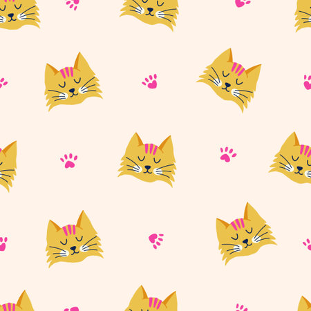 Simple seamless pattern with cat and paw print on beige background. Hand drawn vector illustration for stylish cover, cases, wallpaper, prints, wrapping, textileのイラスト素材