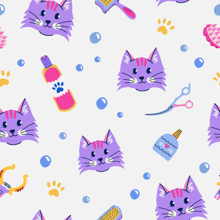 Seamless pattern with cute cat, shampoo, nail clippers, scissors. Pet grooming concept. Vibrant and modern vector background for social media, posts, printsのイラスト素材