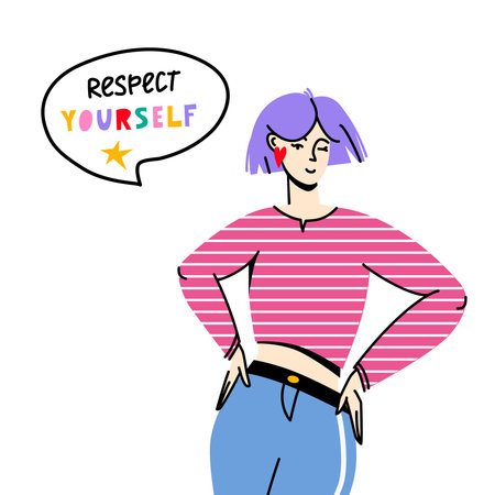 Independent young woman with speech bubble. Respect yourself hand drawn lettering. Feminism and self...