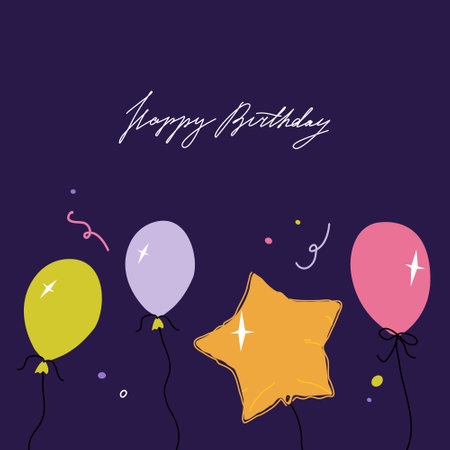 Happy birthday square card with balloons and confetti. Greeting card with handwritten typography. Cute and trendy vector illustration templates in simple styleのイラスト素材