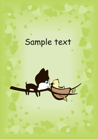 Small kitten and baby bird on a treeのイラスト素材