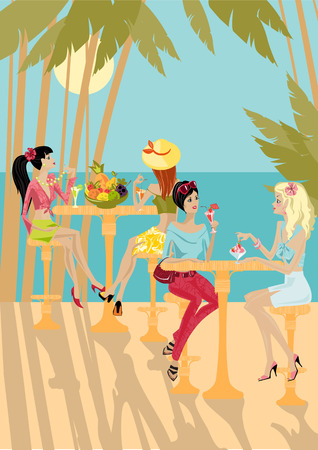 girls eat on the background of a tropical landscapeのイラスト素材