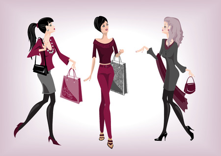 Three fashionable women going from shopのイラスト素材
