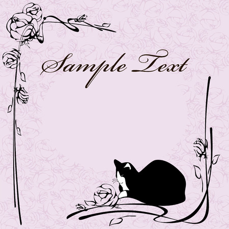 cat and flowers on a pink backgroundのイラスト素材