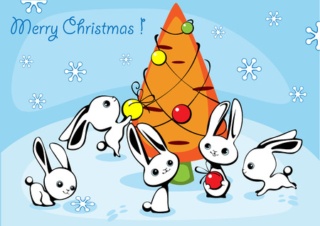 Christmas card with hares and a fur-tree from carrots 3のイラスト素材