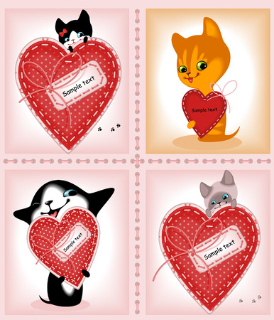 complete set of cards. Valentines Day. heart and a kitten 1. Similar in a portfolioのイラスト素材