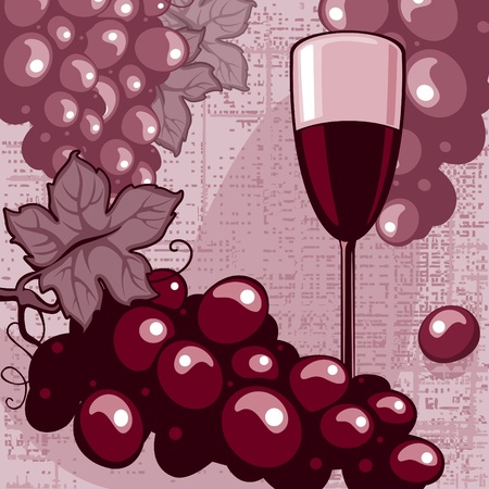 bunch of grapes and a glass of red wine on a wicker backgroundのイラスト素材