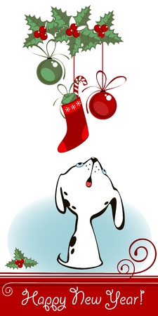 little puppy looks at New Year's toysのイラスト素材