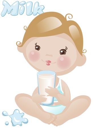 little baby boy with a glass of milkのイラスト素材