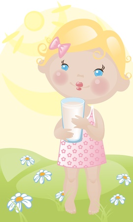 little baby girl with milk on lawnのイラスト素材
