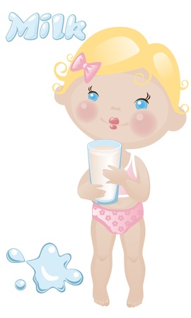 little baby girl with a glass of milkのイラスト素材