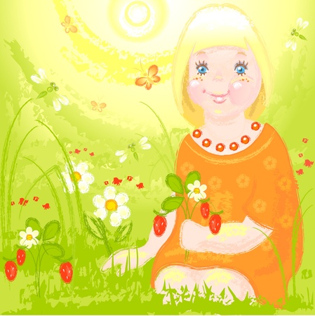 little girl on a sunny day in the meadow picking berriesのイラスト素材