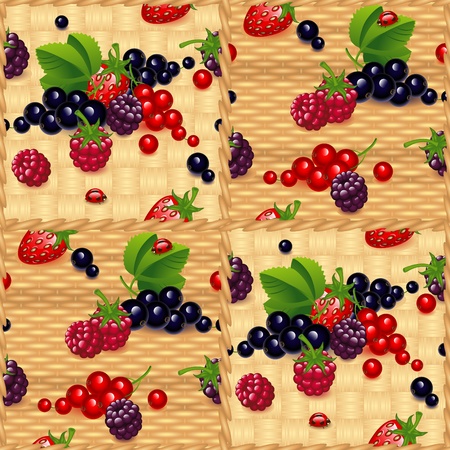 set of different  berry,  on a wicker natural wood background. Wallpaper.のイラスト素材