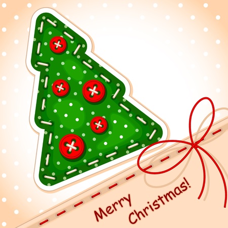 christmas card. Christmas tree Merry Christmas with a signature made in the texture of embroidery, a bow in the form of strings and balls in the form of buttonsのイラスト素材