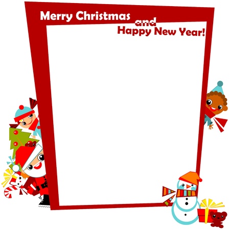 christmas greeting  frame.kids with Santa, snowman, Christmas tree and gifts in the boxes at the edges of the red frame, with the signature Merry Christmas and happy new year.Vector illustration. borderのイラスト素材