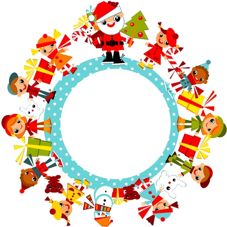 Christmas background.Children in winter clothes with Santa, standing in a circle on the planet.Vector illustration.のイラスト素材