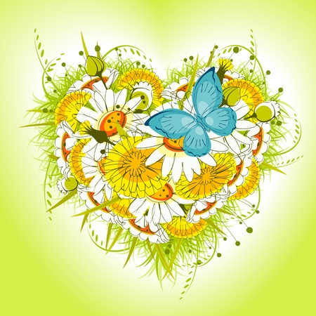 Flower heart of daisies and dandelion, with  butterfly on a green background. valentine card.のイラスト素材