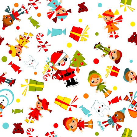kids Christmas wallpaper.set child with Santa, Christmas tree, snowman, candy and gifts,  isolated on a white background.Vector illustration.のイラスト素材