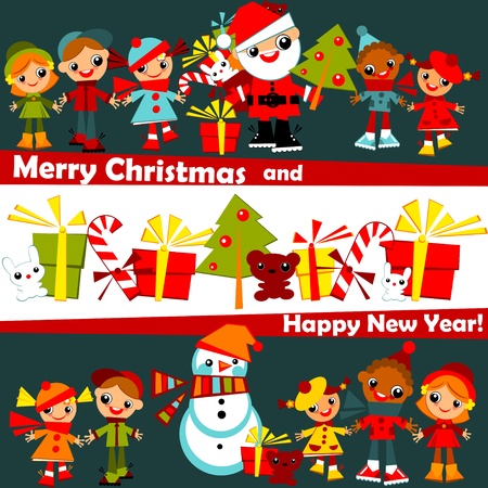 kids Christmas background.childs holding hands in line with Santa, Christmas tree, snowman and gifts, on a dark blue sky with fireworks, in several rows.greeting signature Merry Christmas and happy new year.Vector illustration.のイラスト素材