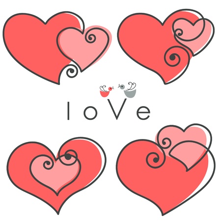 valentines set hearts two shapes on pink background with birds and text - love . Vector illustration.のイラスト素材