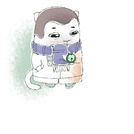 cat with a clock, waiting date . illustration of Valentine cardのイラスト素材