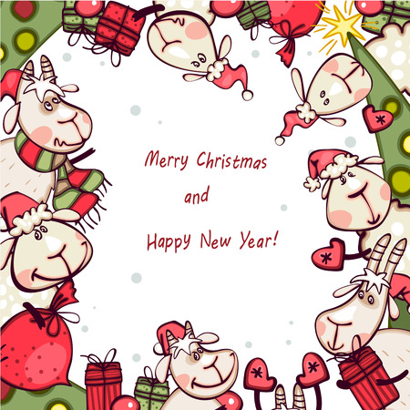 christmas banner with tree, goat and ramsのイラスト素材
