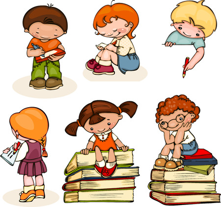 set school  kids read books, write and drawのイラスト素材