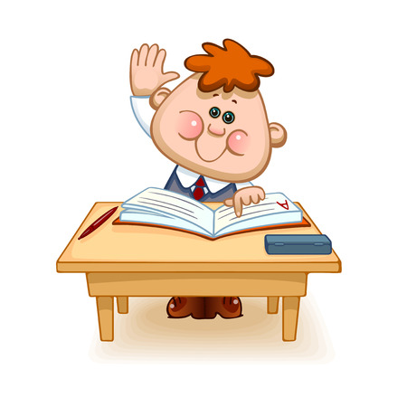 Back to school. Cute schoolchild at the table raises his hand to answer a lesson. Vector illustrationのイラスト素材