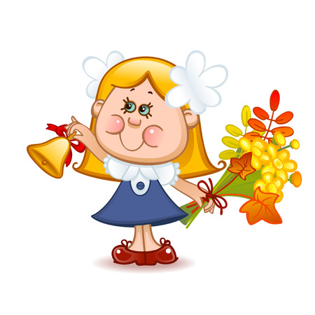 Back to school. Cute schoolchild with school bell. Vector illustrationのイラスト素材