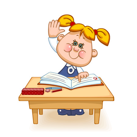 Back to school. Cute schoolchild at the table raises his hand to answer a lesson. Vector illustrationのイラスト素材