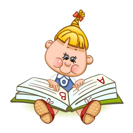 Back to school. Cute schoolchild at a lesson with the textbook. Vector illustrationのイラスト素材