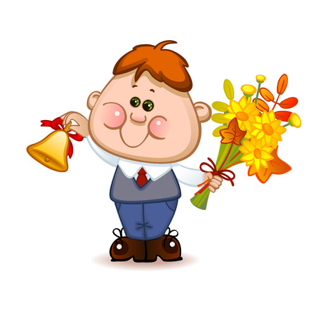 Back to school. Cute schoolchild with school bell. Vector illustrationのイラスト素材