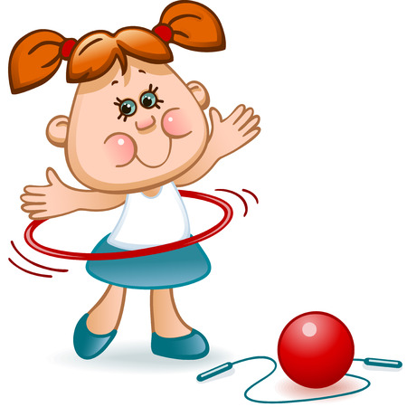 sports schoolgirl deals rhythmic gymnastics with a red ball, hoop and jump ropeのイラスト素材