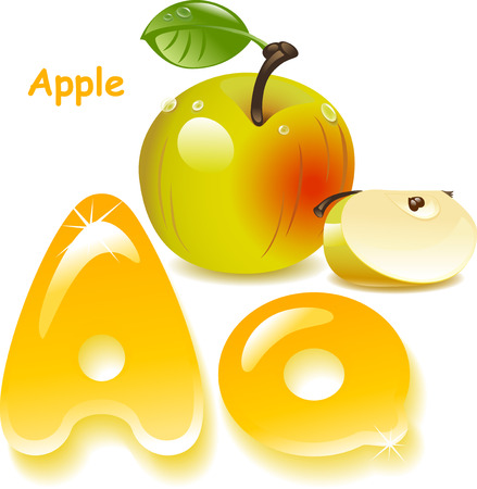Alphabet. Letter A- Apple. English capital and uppercase letter A, stylized color of apple juice. Green apple with leaf and slice.のイラスト素材