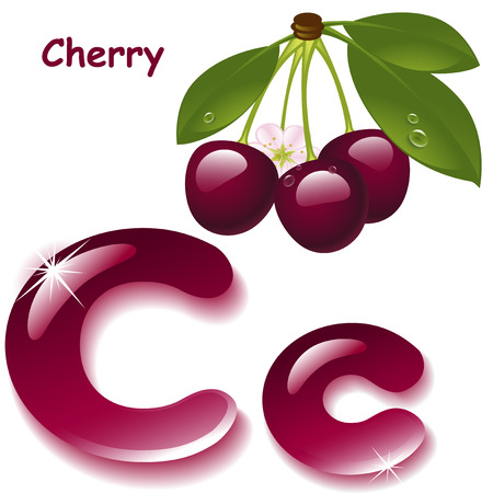 Alphabet. English capital and uppercase letter C, stylized color of cherry juice. branch cherry with leaf . vector illustrationのイラスト素材