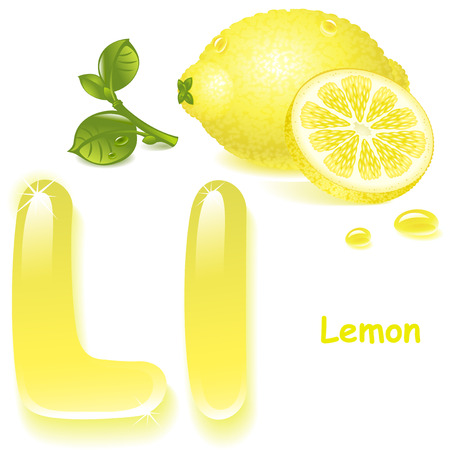 Alphabet. English capital and uppercase letter L, stylized color of  lemon  juice. yellow  lemon and slices. vector illustrationのイラスト素材