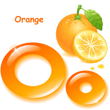 Alphabet. English capital and uppercase letter O, stylized color of orange juice. orange with leaf  and slices. vector illustrationのイラスト素材