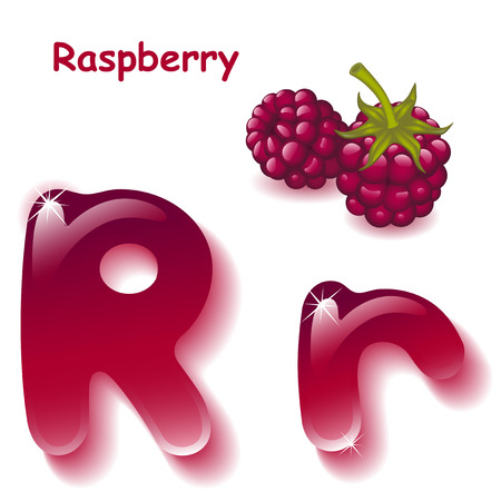 Alphabet. English capital and uppercase letter R, stylized color of crimson juice.  berrys raspberry. vector illustrationのイラスト素材