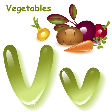 Alphabet. English capital and uppercase letter V, stylized color of vegetable juice. collection vegetable. vector illustrationのイラスト素材